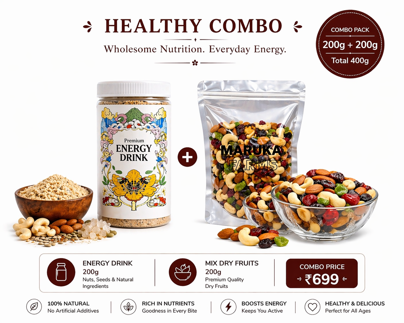 Maruka Farms Healthy Combo – Energy Drink Mix + Plain Trail Mix (200g + 200g) | 100% Natural | No Preservatives